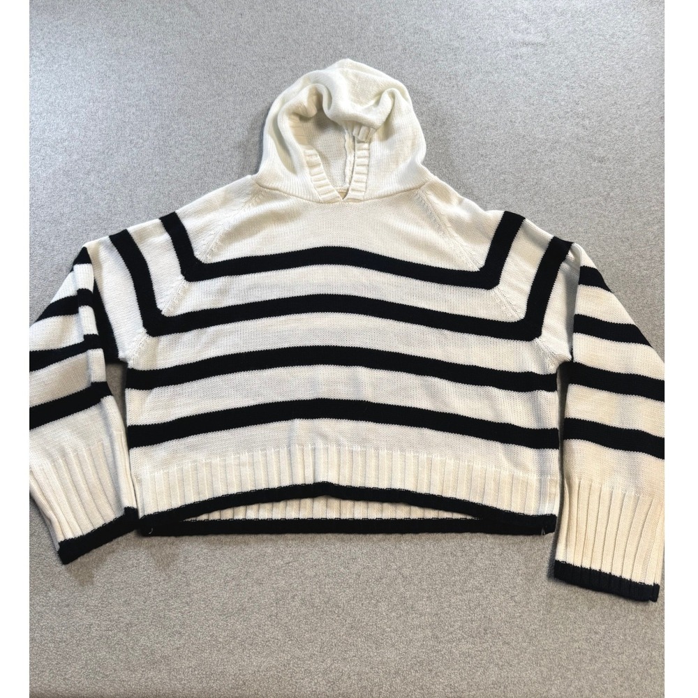 Favorite Girl Striped Knit Hoodie Women Size‎ M Ivory Black Excellent Nautical
